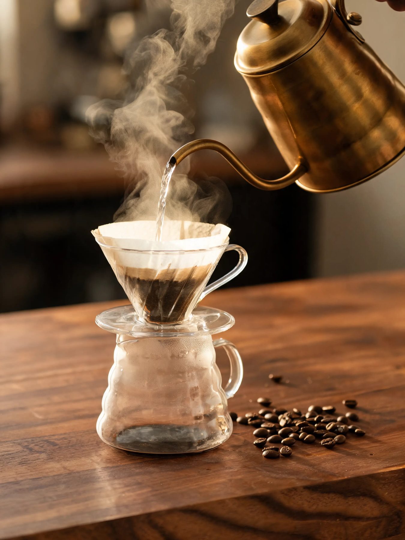 Gooseneck kettle pouring into a glass dripper on a dark walnut counter